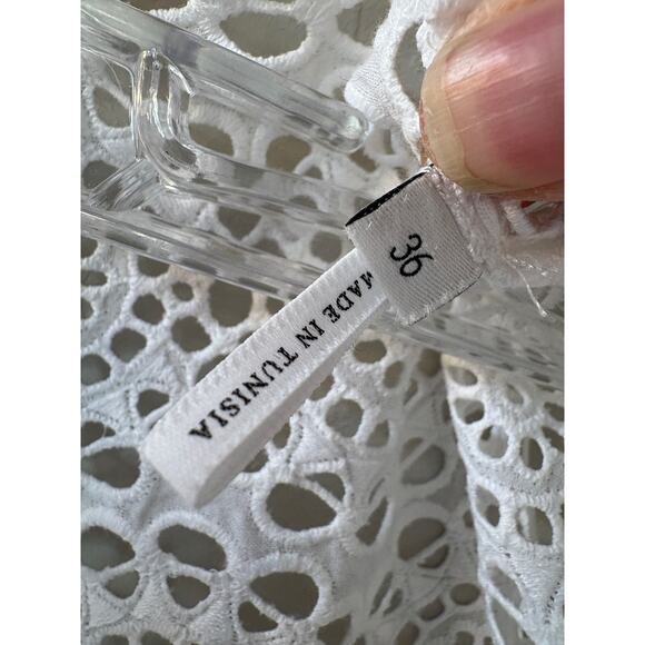 Sandro Paris Sz 6 US 36 FR Maca Eyelet Lace Pleated Skirt Midi Dress White Blue - Picture 8 of 12